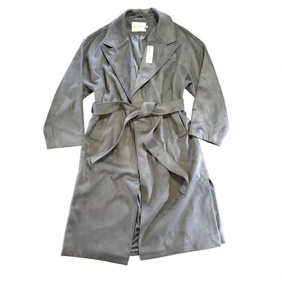 NWT Rebecca Minkoff Dark Gray Faux Suede Long Wrap Trench Coat Women's Large - Picture 3 of 8